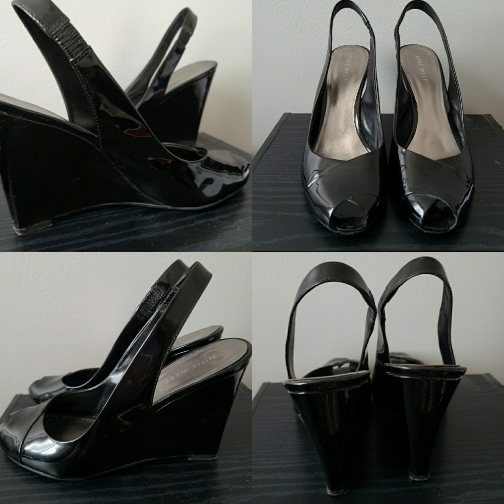 NINE WEST Patent Black Slingback Wedges SIZE 7